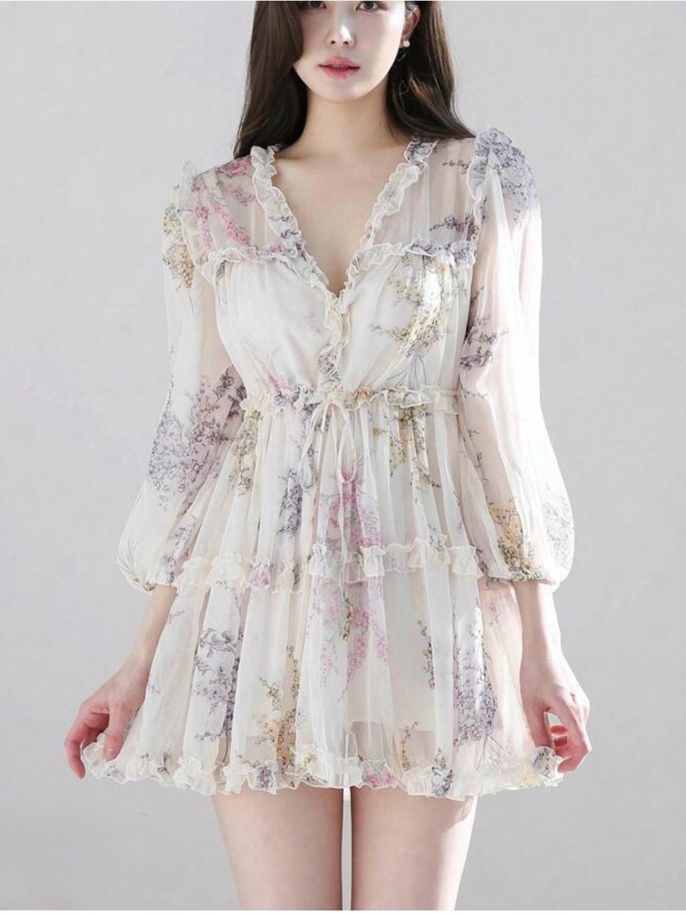 Romantic Cream Floral Ruffle Mini Dress